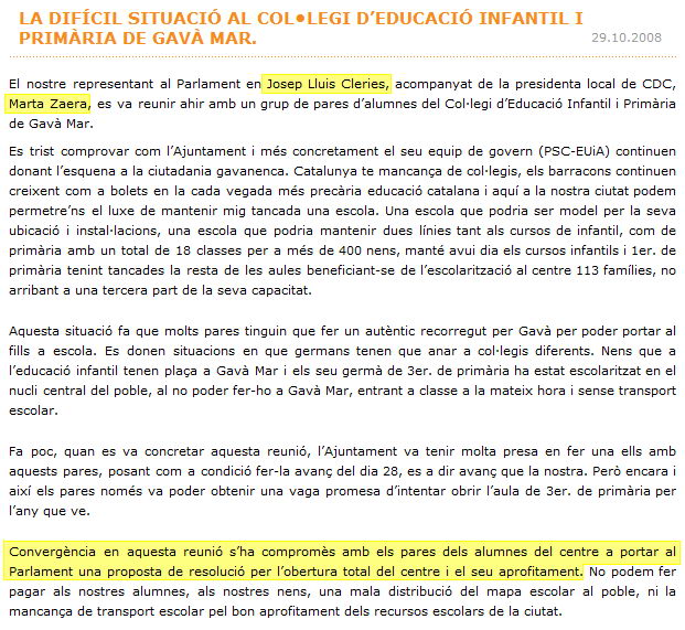 Noticia publicada en la web de Converg&egrave;ncia de Gav&agrave; informando de la futura presentaci&oacute;n de una propuesta de resoluci&oacute;n en el Parlamento de Catalunya solicitando la total apertura del CEIP Gav&agrave; Mar (29 Octubre 2008)